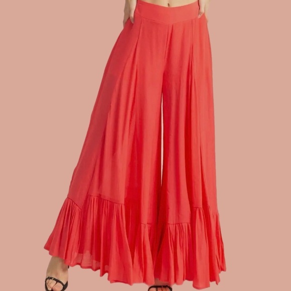 Pants - Elegant Coral Wide-Leg Pants